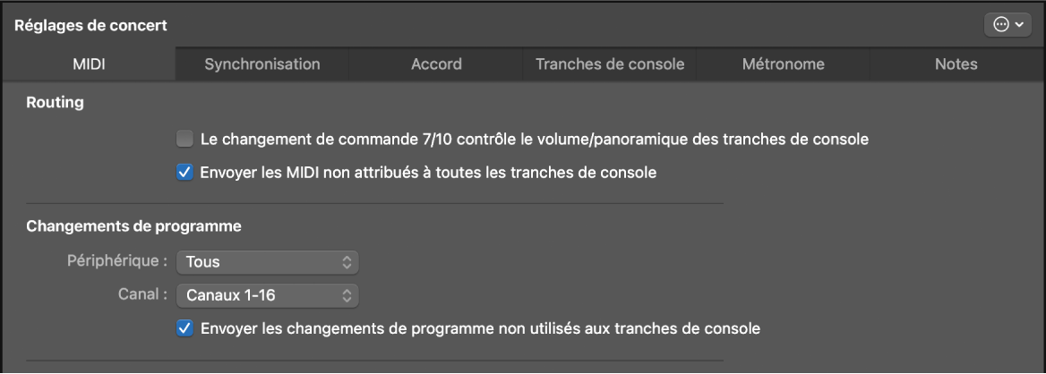 Figure. Inspecteur des réglages de concert.