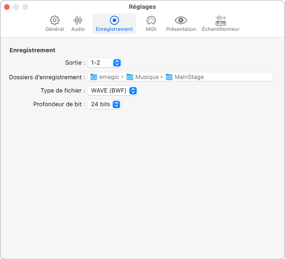 Figure. Fenêtre Réglages, Enregistrement.