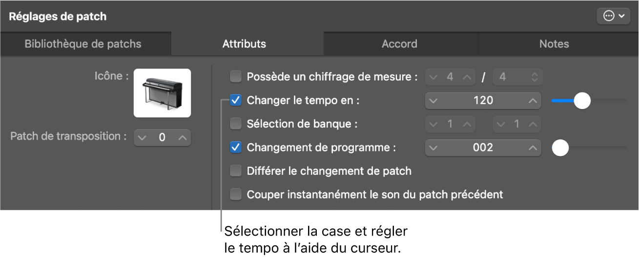 Figure. Glissement du curseur de tempo dans l’inspecteur de sons.