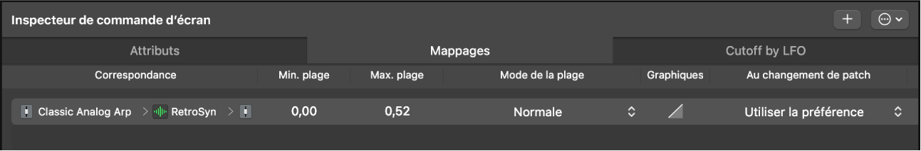 Figure. Onglet Mappages de l’inspecteur de commande à l’écran.