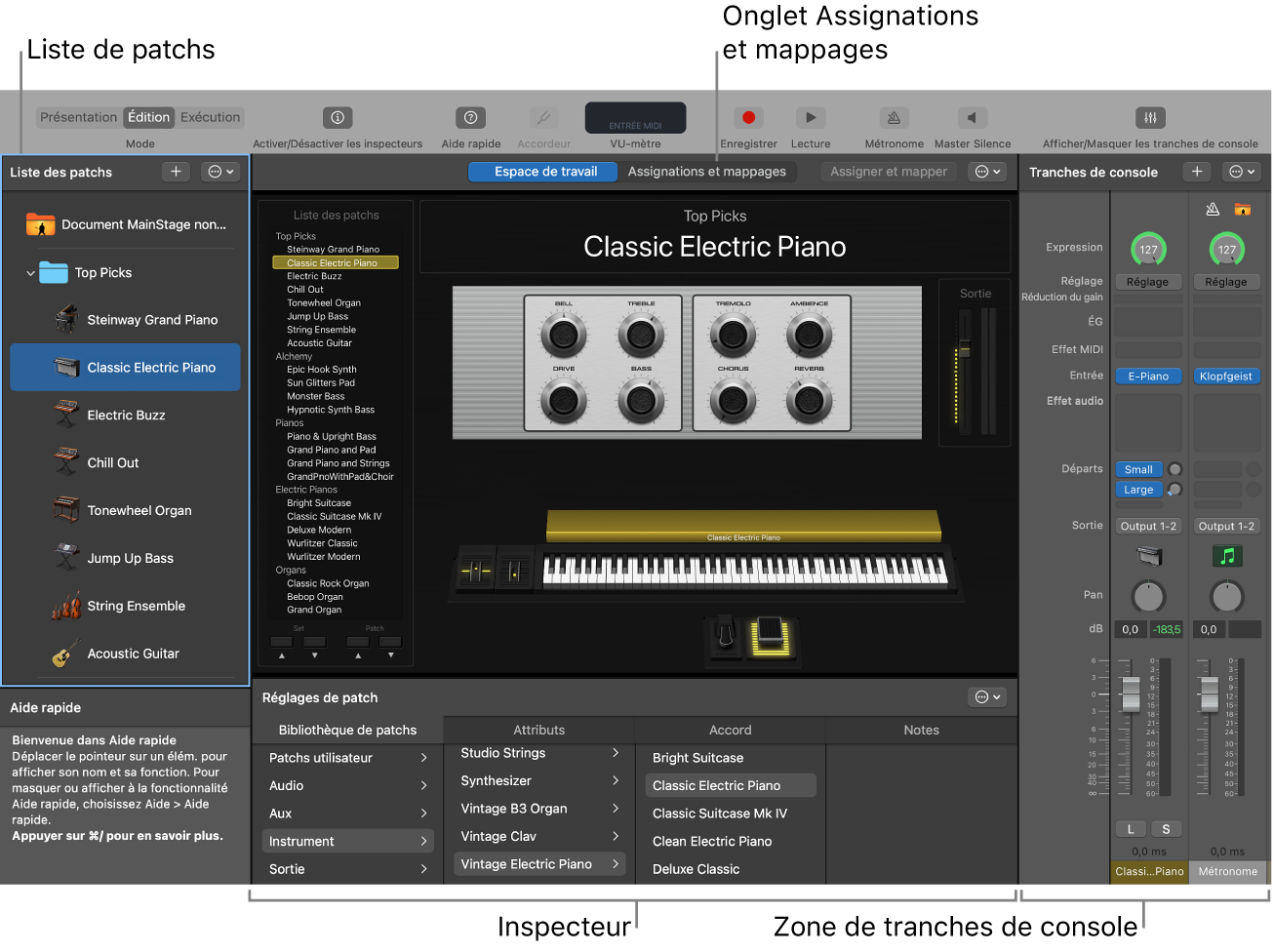 Figure. Mode Édition, avec liste de patchs, inspecteur et zone Tranches de console.