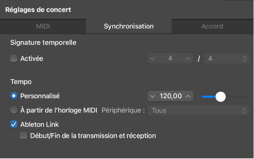 Figure. Ableton Link sélectionné dans la fenêtre Synchronisation de l’inspecteur des réglages de concert.