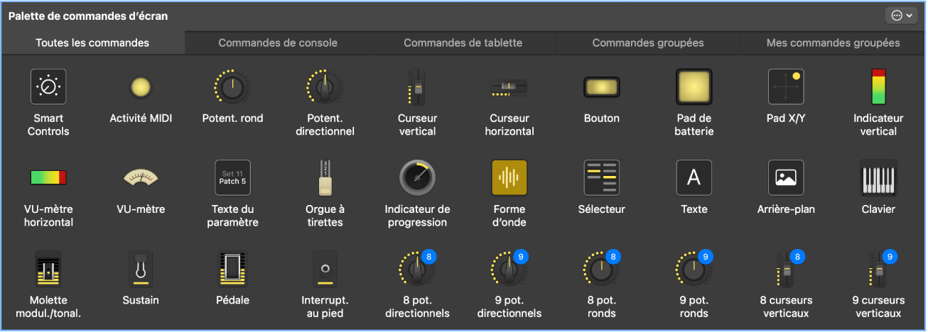 Figure. Palette des commandes à l’écran avec tous les types de commandes à l’écran.