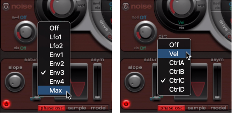 図。オシレータ2の「saturation」の「Mod and via」ポップアップメニュー。