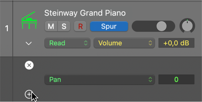 Abbildung. Bewegen des Zeigers auf eine Automationslane