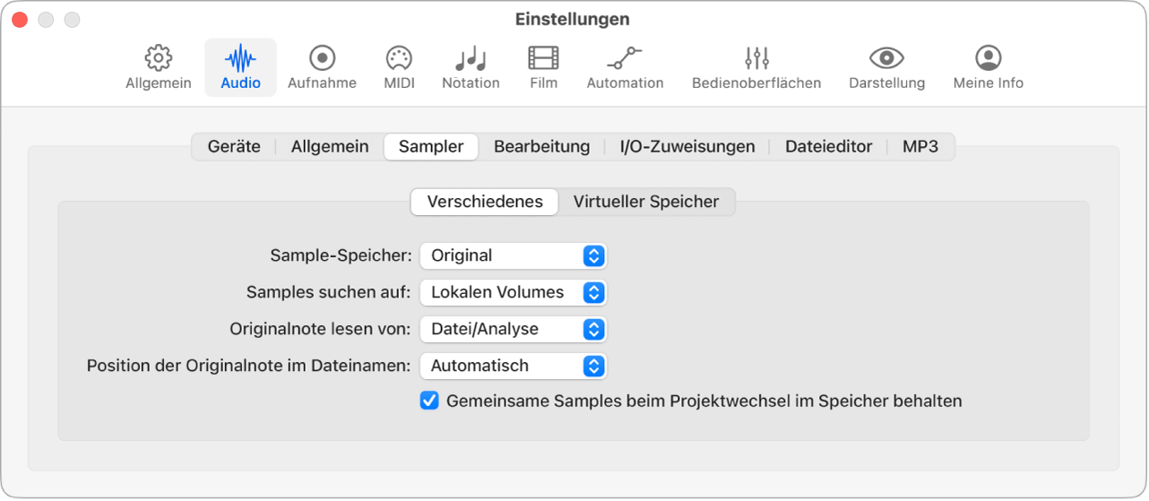 Abbildung. Einstellungsbereich „Verschiedenes“.