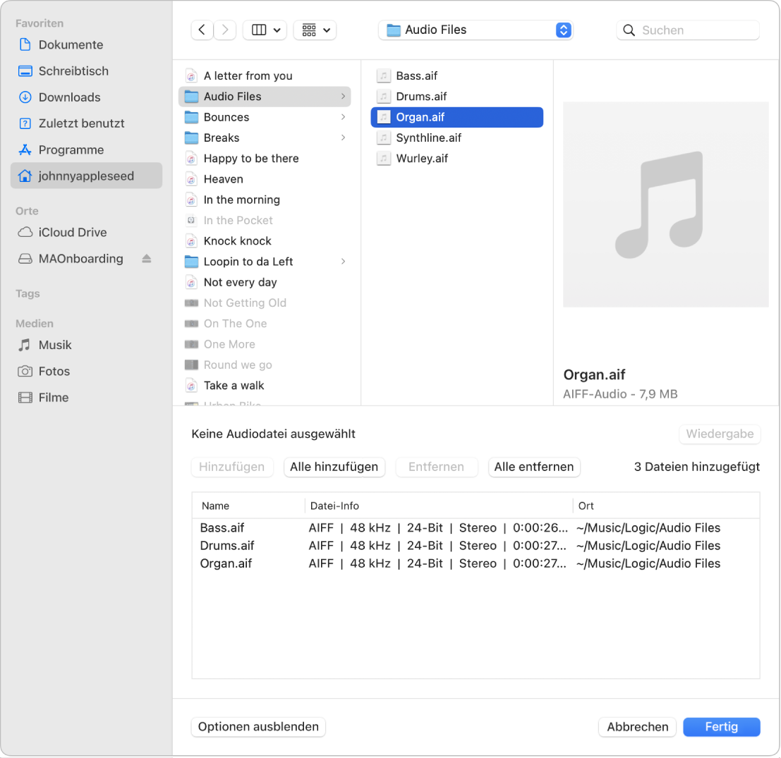 Abbildung. Dialog „Audiodatei hinzufügen“ mit Dateien, die zur Projektaudioübersicht hinzugefügt werden sollen