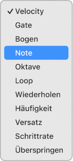In einer Unterzeile geöffnetes Einblendmenü „Bearbeitungsmodus“ im Step Sequencer mit verschiedenen Bearbeitungsmodi