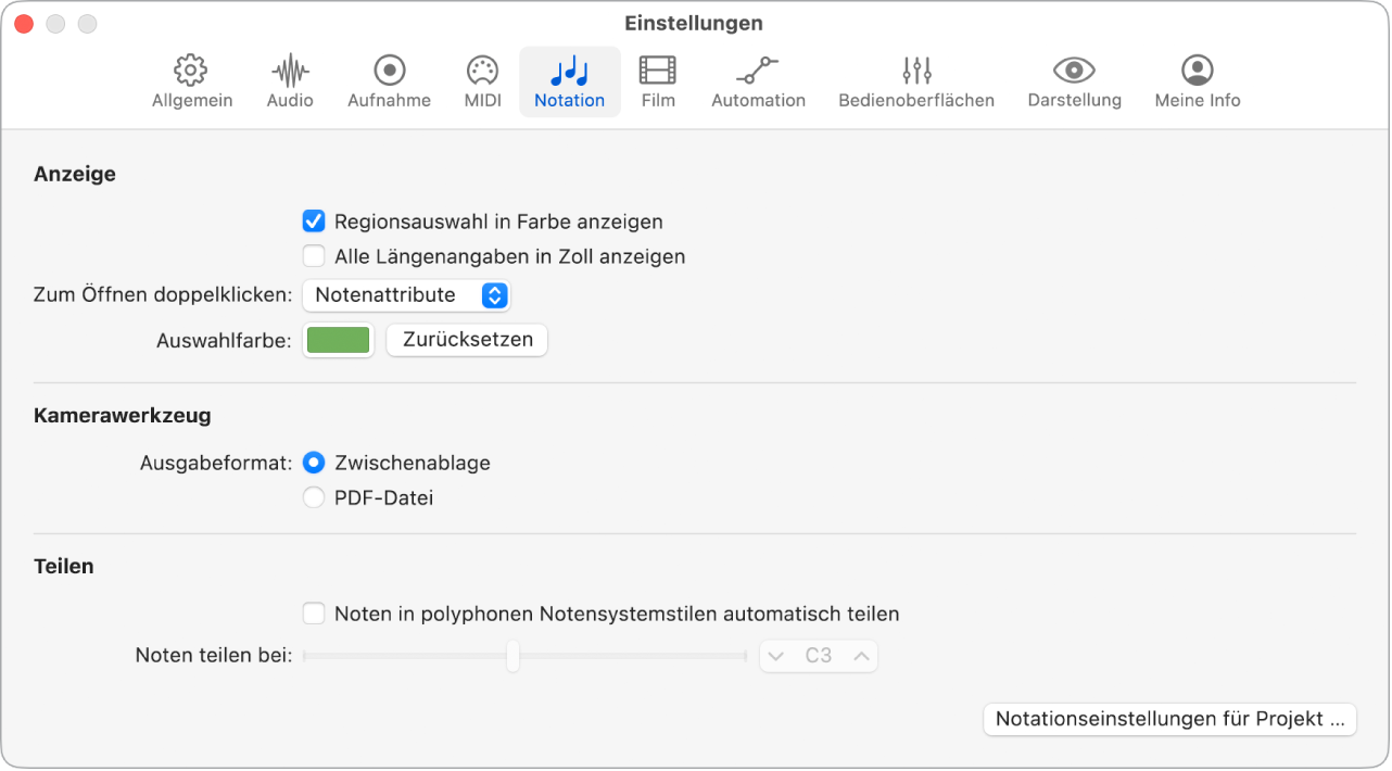 Abbildung. Einstellungsbereich „Notation“