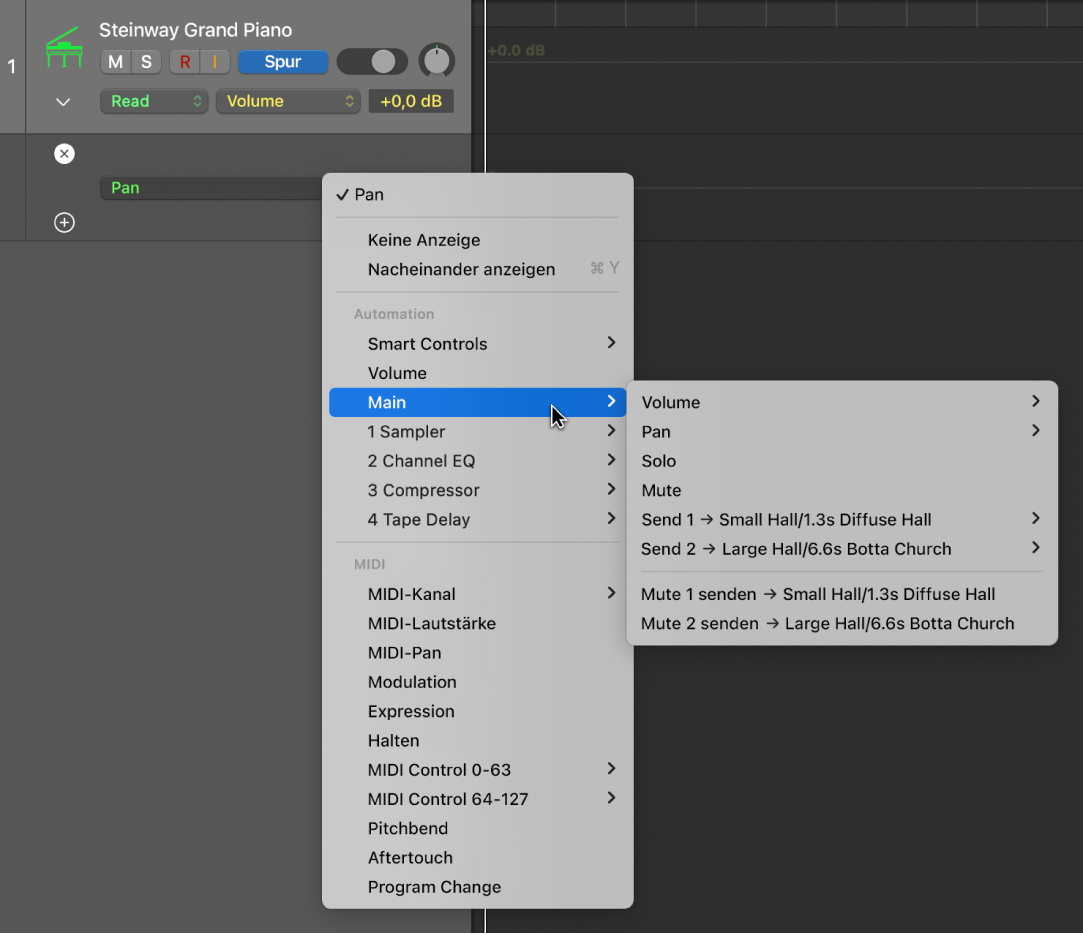 Abbildung. Auswahl eines Automationsparameters aus dem Einblendmenü