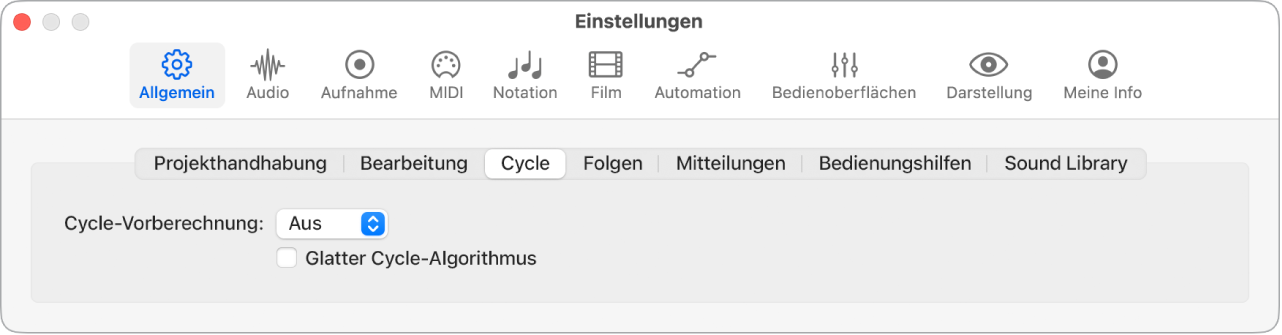 Abbildung. Einstellungsbereich „Allgemein“ > „Cycle“.