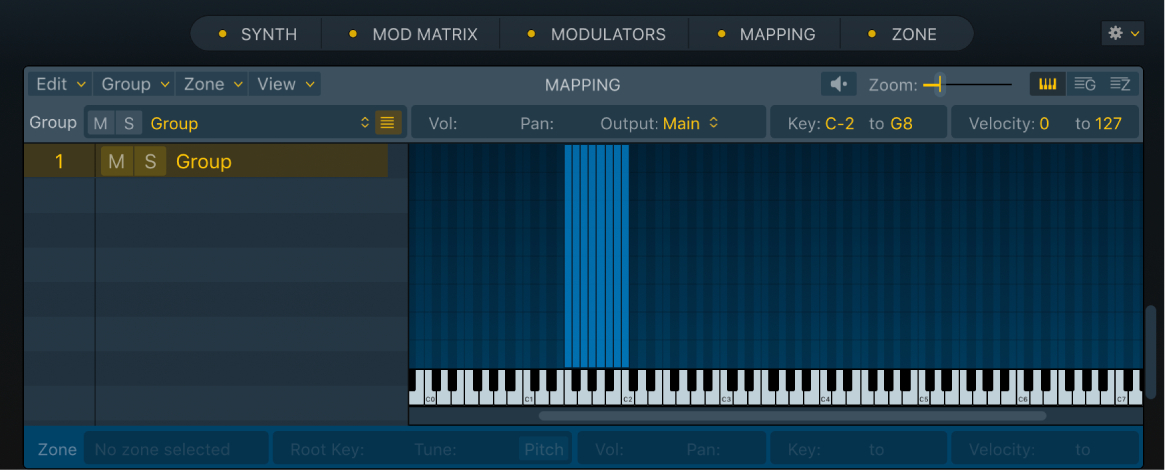 Abbildung. Key Mapping Editor mit den Zonen in einer von mehreren Gruppen, die mittels Drag & Drop und der Methode „Chromatic – Zone per file“ importiert wurden.