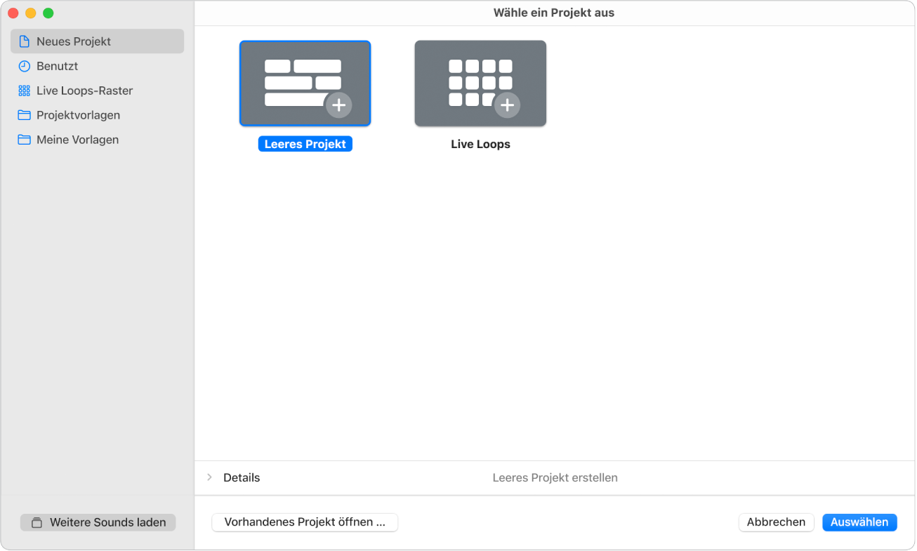 Abbildung. Projektauswahl mit der Auswahl „Leeres Projekt“