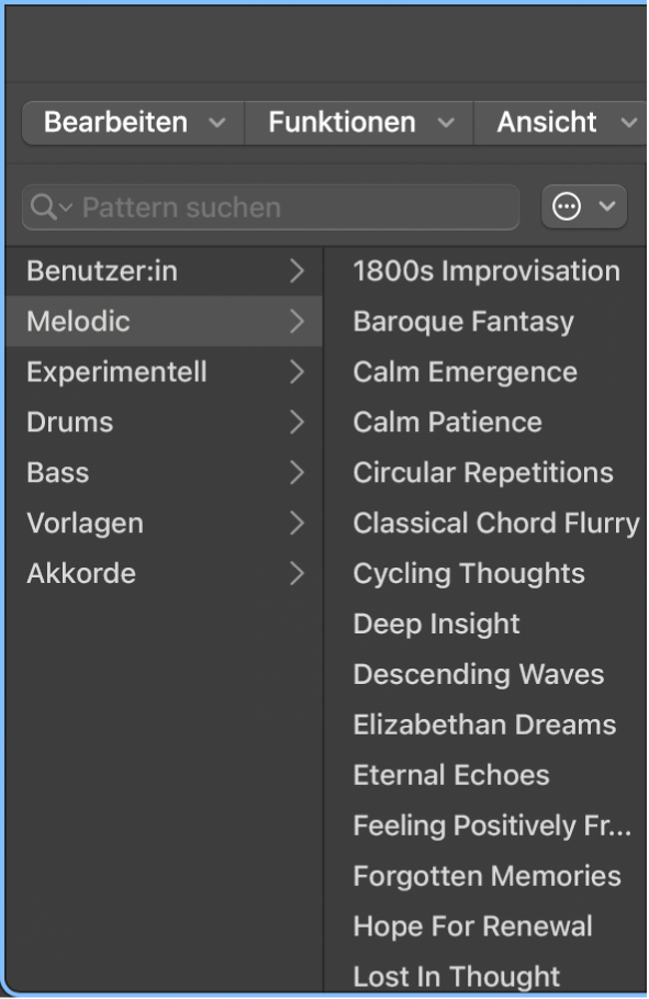 Geöffnete Pattern-Übersicht mit den verfügbaren Patterns