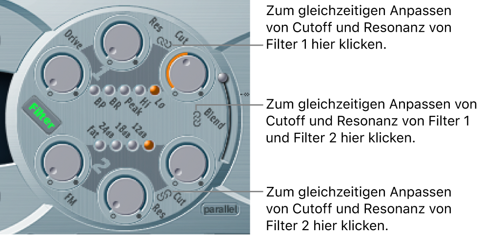 Abbildung. Filter-Parameter, der Kettensymbole zwischen Parametern und Filtern zeigt, die das gleichzeitige Steuern von mehreren Parametern ermöglichen.