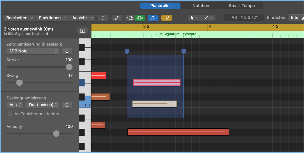 Abbildung. Pianorolleneditor mit Zeitaktivpunkten