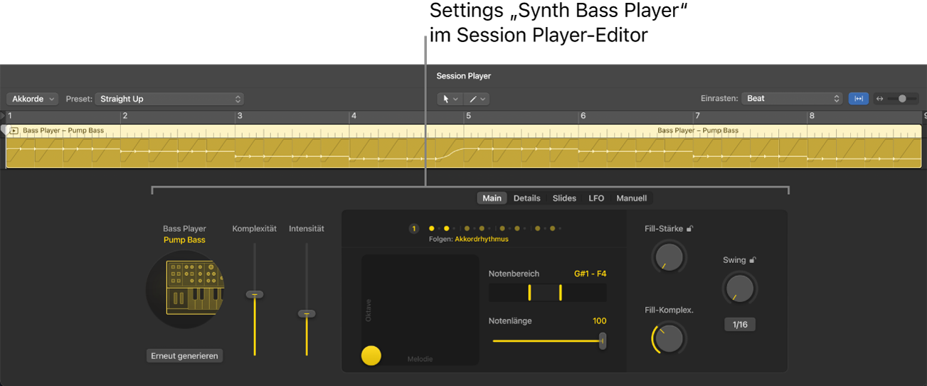 Abbildung. Der Session Player-Editor mit den Pump Bass-Einstellungen.