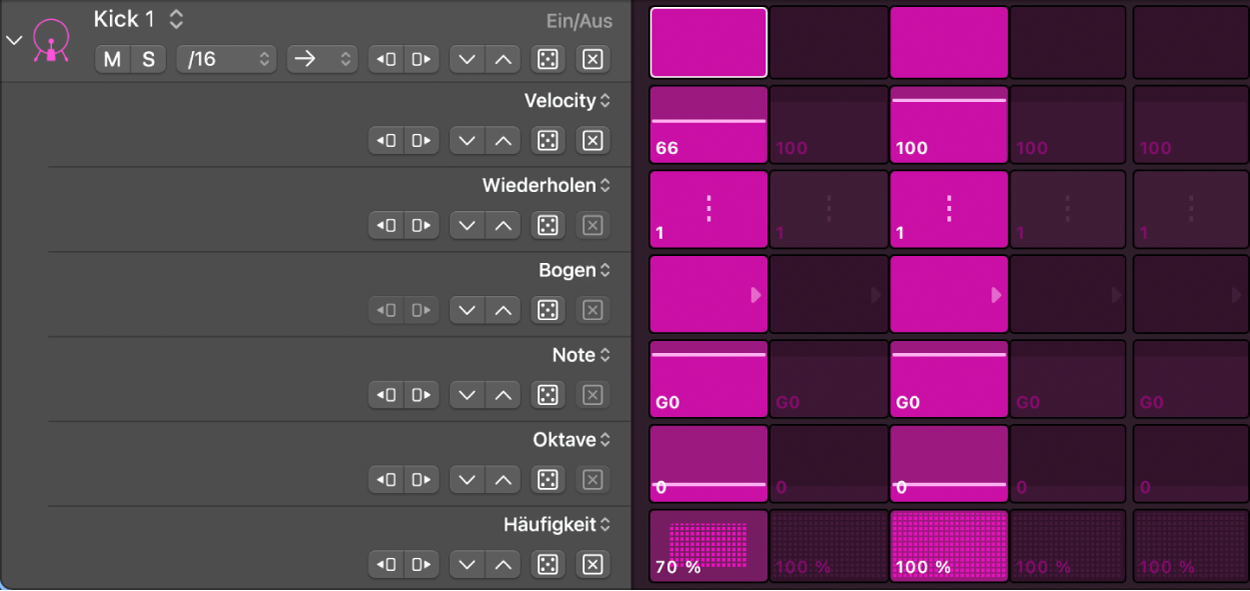 Zeilen und Unterzeilen mit jeweils verschiedenen Bearbeitungsmodi im Step Sequencer