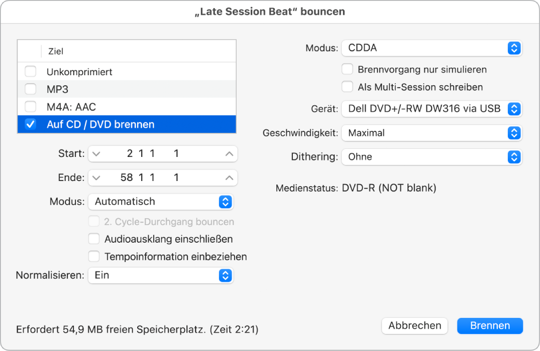 Abbildung. Optionen zum Brennen im Bounce-Dialog