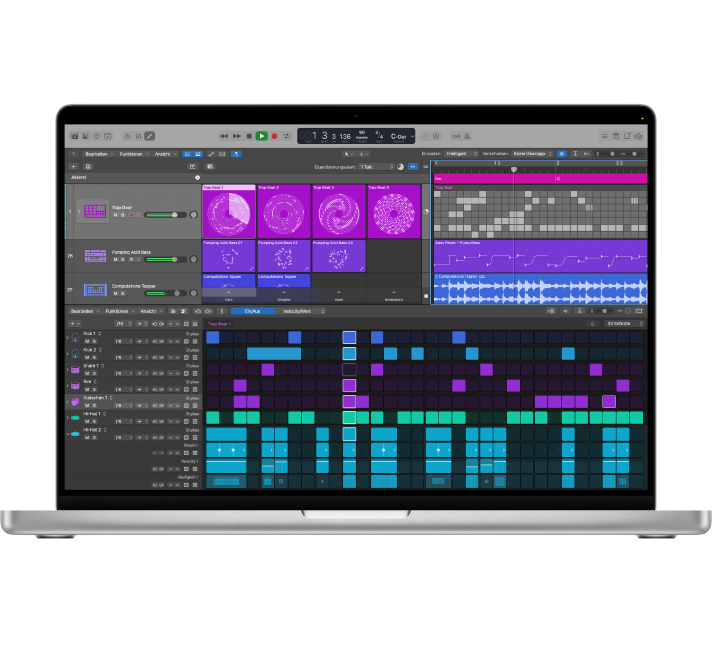 Ein Logic Pro-Projekt wird auf einem MacBook Pro-Bildschirm angezeigt.