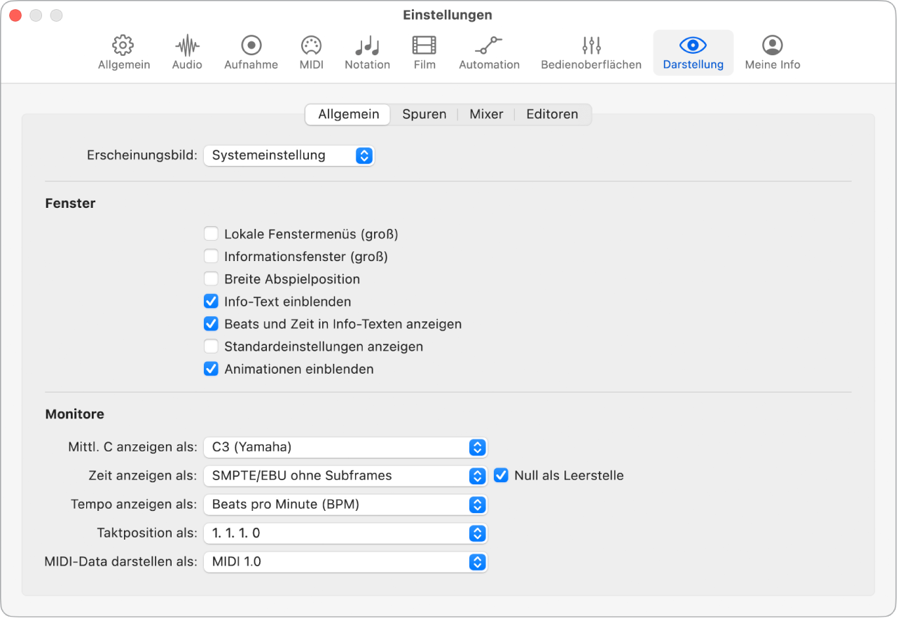 Abbildung. Allgemeine Einstellungen für die Darstellung