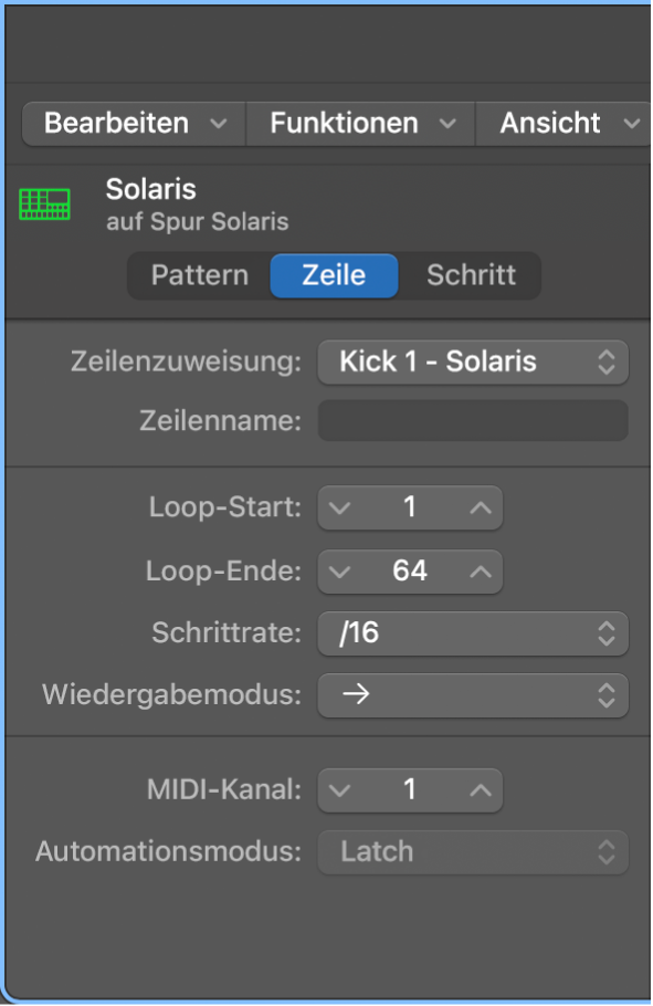 Lokales Informationsfenster des Step Sequencers mit Zeileneinstellungen