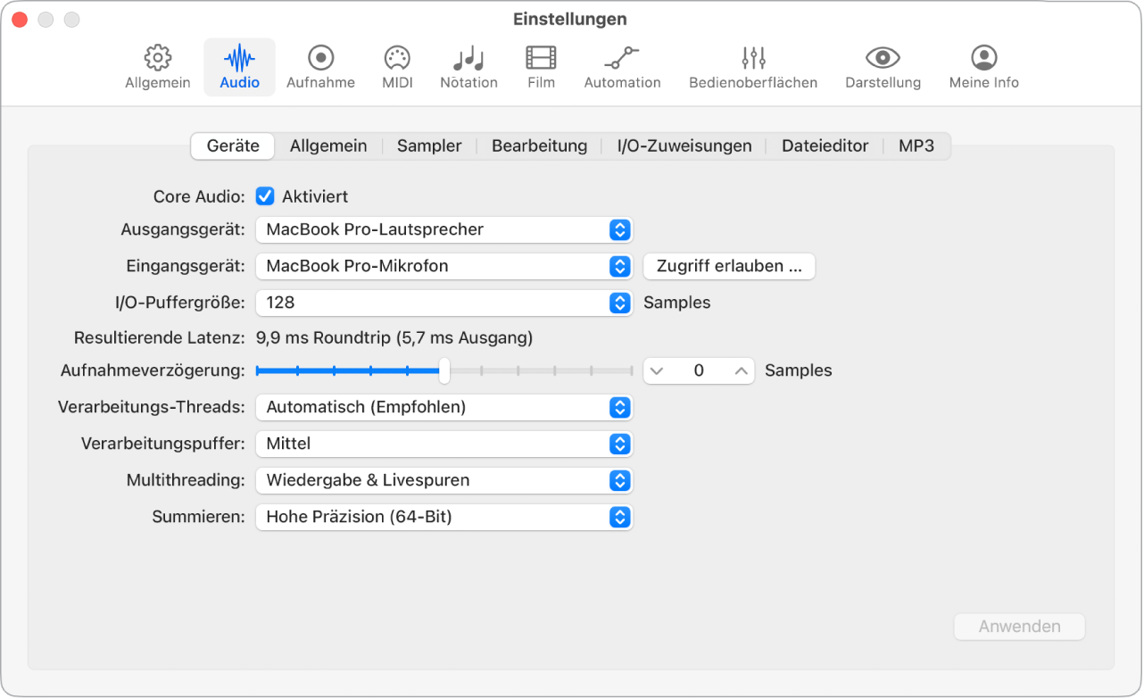 Abbildung. Einstellungsbereich „Audio“ > „Geräte“