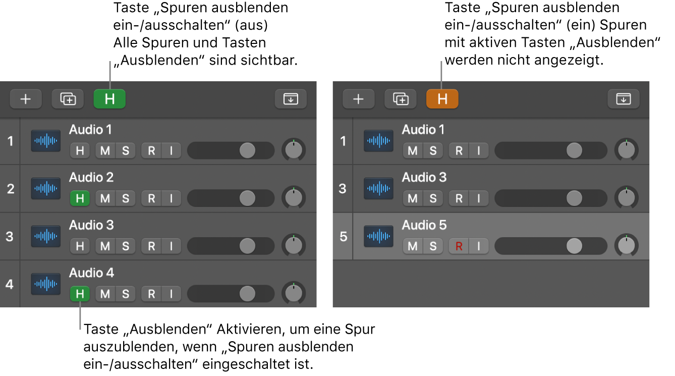 Taste „Ausblenden“ und Taste Spuren ausblenden‘ ein-/ausschalten“
