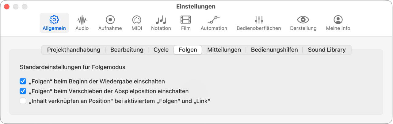 Abbildung. Einstellungsbereich „Allgemein“ > „Folgen“.