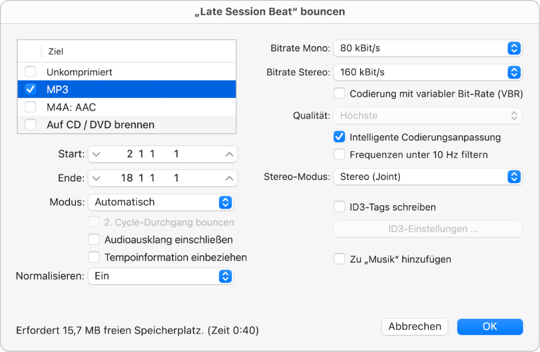 Abbildung. MP3-Optionen im Bounce-Dialog