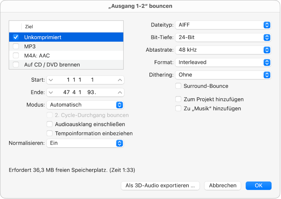 Abbildung. Optionen für „Unkomprimiert“ im Bounce-Dialog