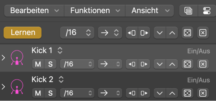 Aktive Taste „Lernen“ für den Modus „Lernen (zuweisen)“ in der Menüleiste des Step Sequencer