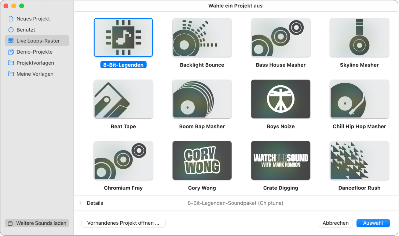 Abbildung. Projektauswahl mit Live Loops-Rastern
