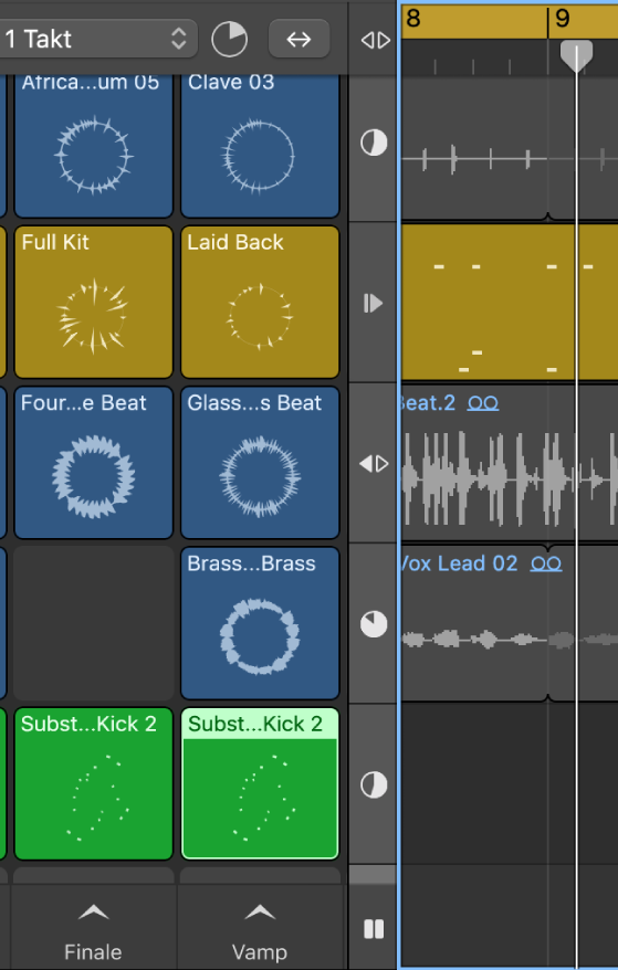 Abbildung. Teilerspalte mit Anzeigern für die Loop-Position, und den Tasten „Fortfahren“, „Spur aktivieren“ und „Pause“