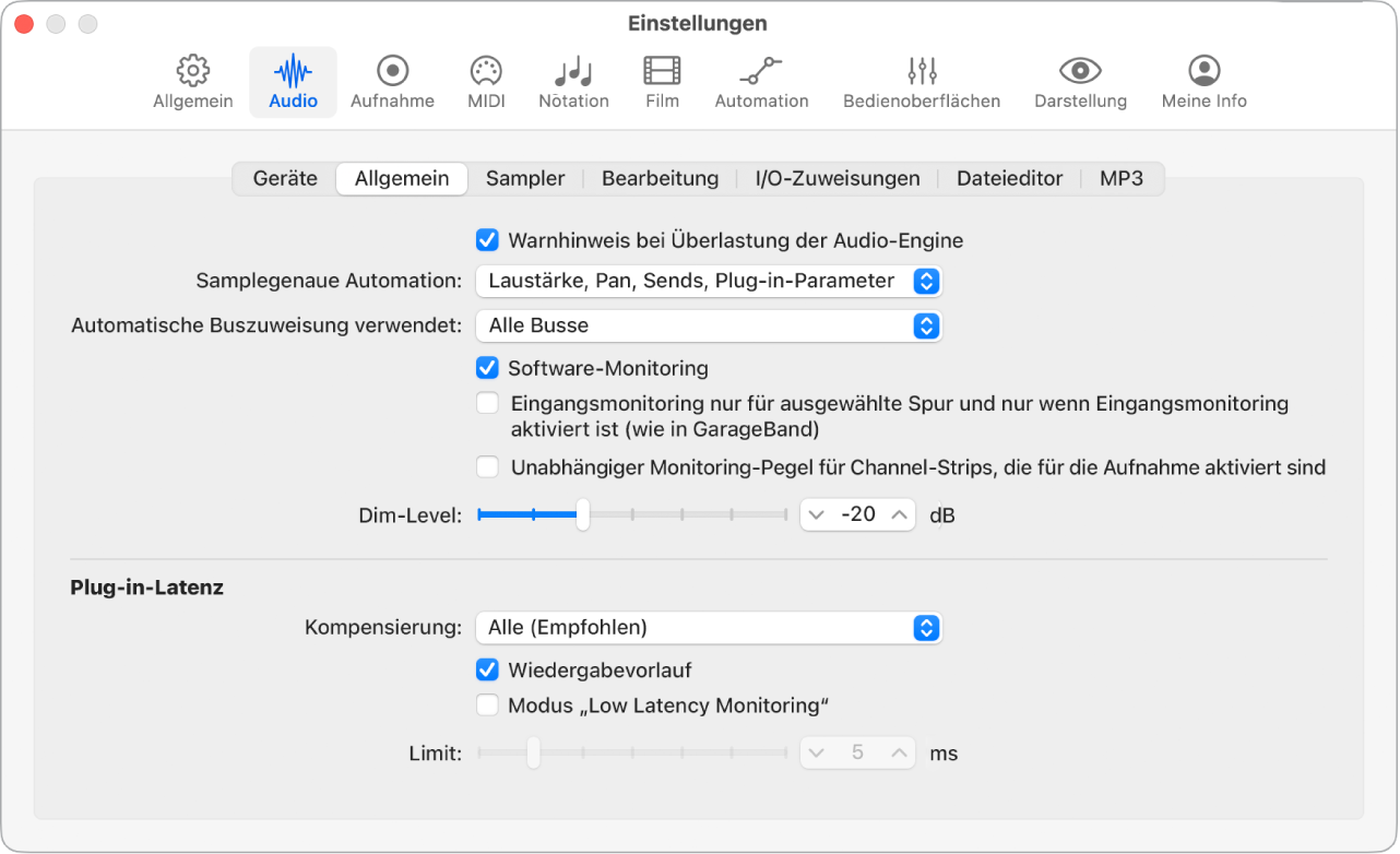 Abbildung. Der Bereich „Allgemein“ der Audioeinstellungen.