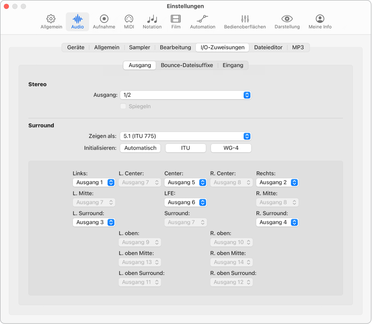Abbildung. Bereich „Ausgang“ im Bereich „I/O-Zuweisungen“ der Audioeinstellungen