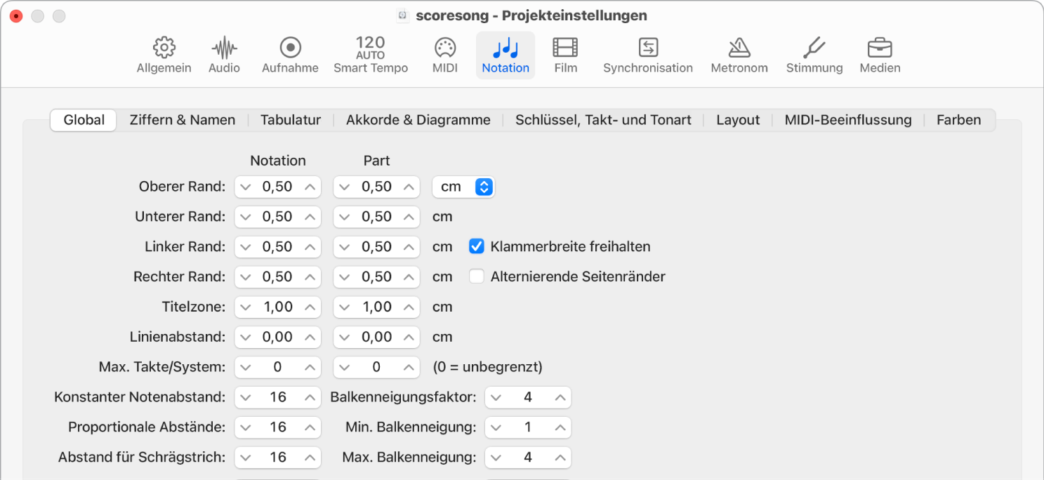 Abbildung. Bereich „Global“ in den Projekteinstellungen für die Notation