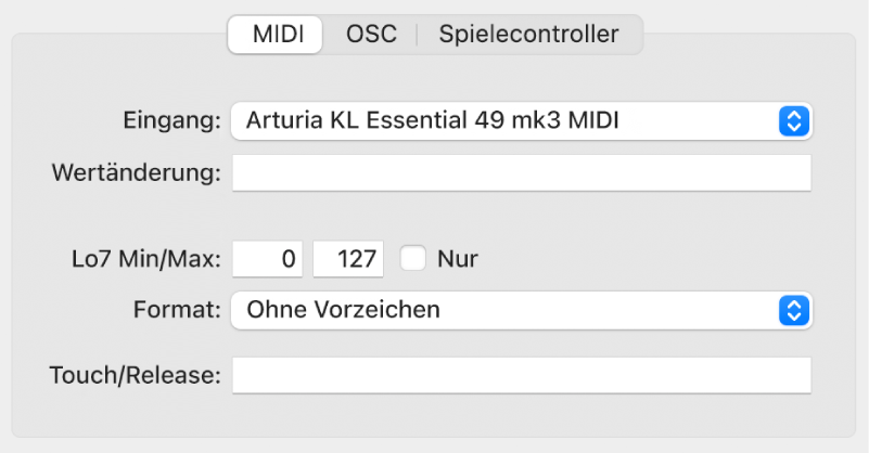Abbildung. Parameter des MIDI-Input-Befehls in der erweiterten Ansicht.