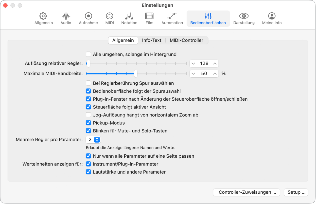 Abbildung. Einstellungsbereich „Bedienoberflächen“ > „Allgemein“