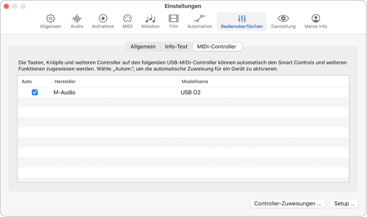 Abbildung. Einstellungsbereich „MIDI-Controller“