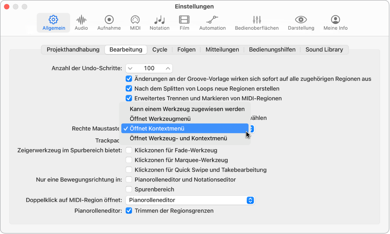 Abbildung. Einblendmenü „Rechte Maustaste“ im Bereich „Bearbeitung“ in den allgemeinen Einstellungen