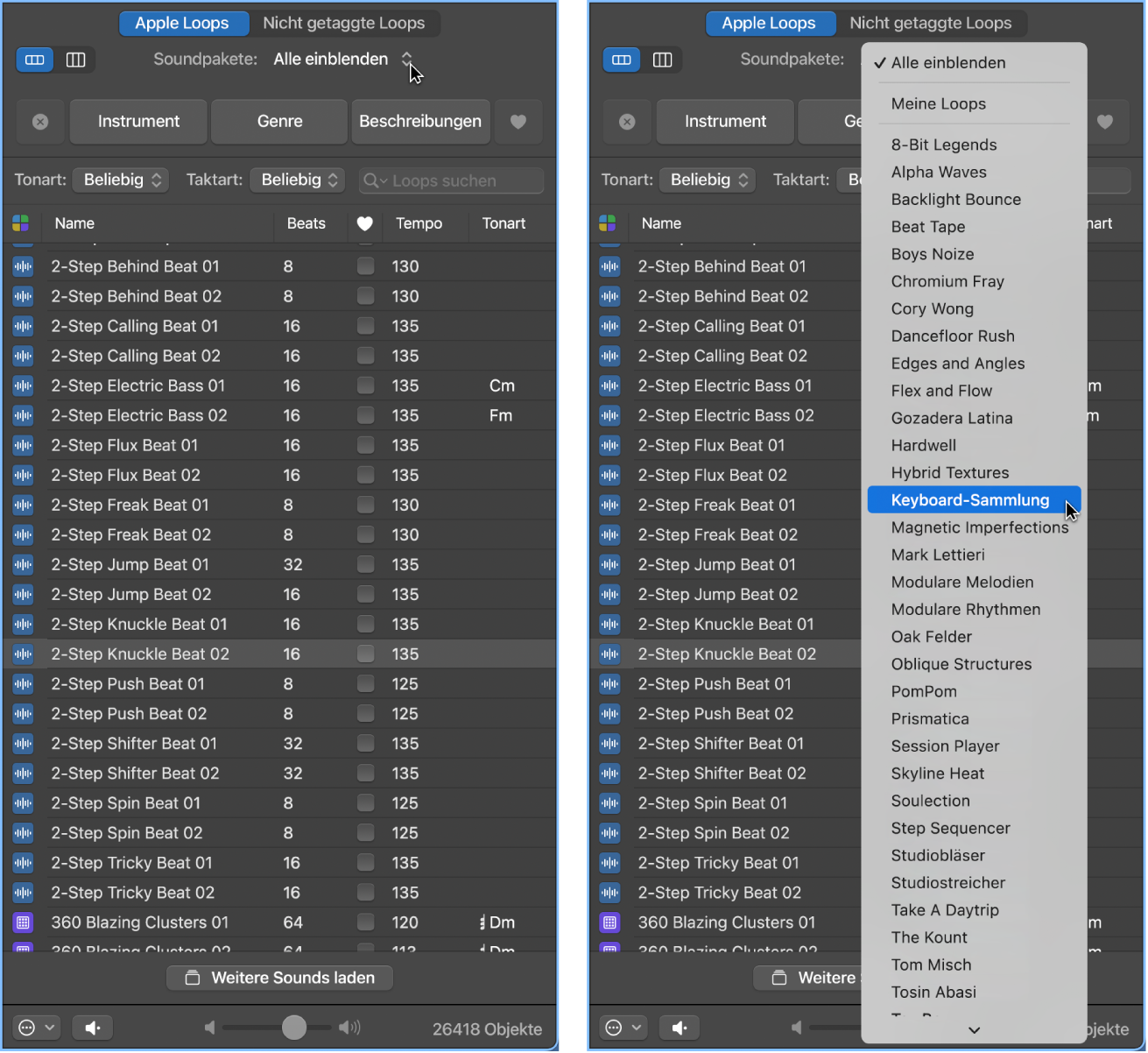 Abbildung. Das Einblendmenü „Sound Packs“ mit den verfügbaren Loops