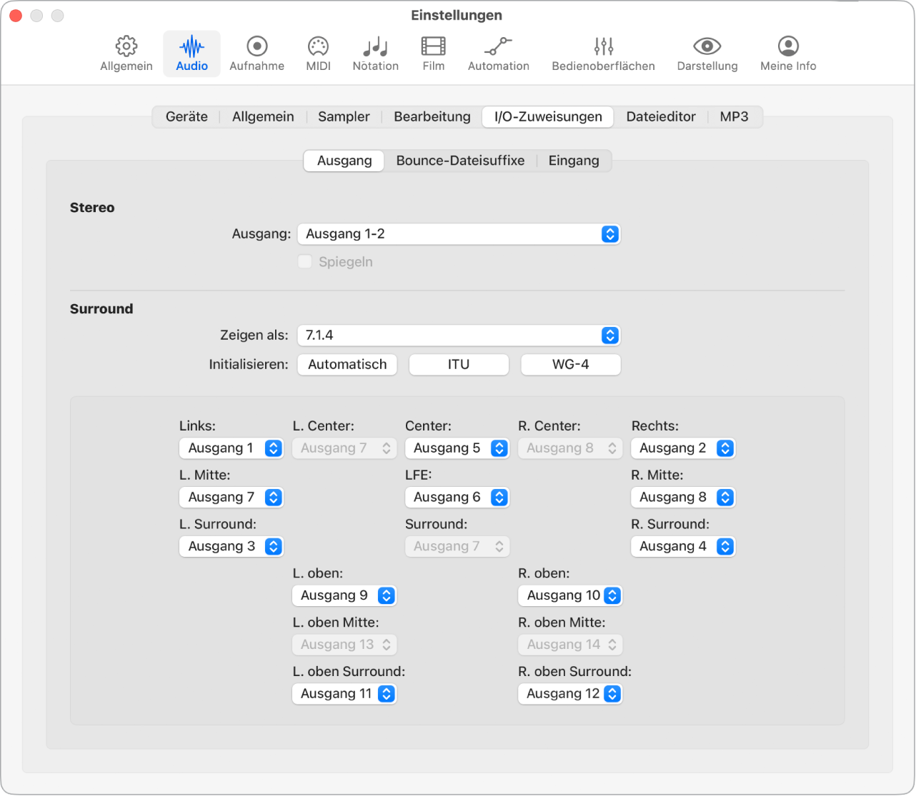 Abbildung. Bereich „I/O-Zuweisungen“ in den Audioeinstellungen