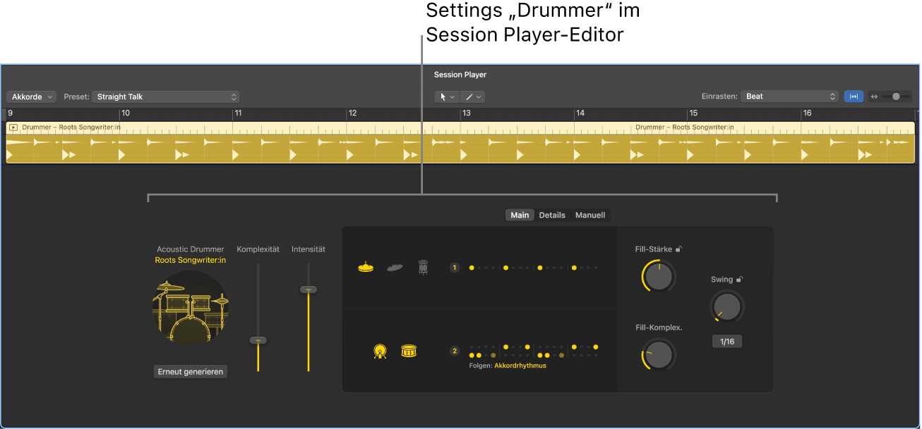 Abbildung. Der Session Player-Editor mit den Drummer-Einstellungen.