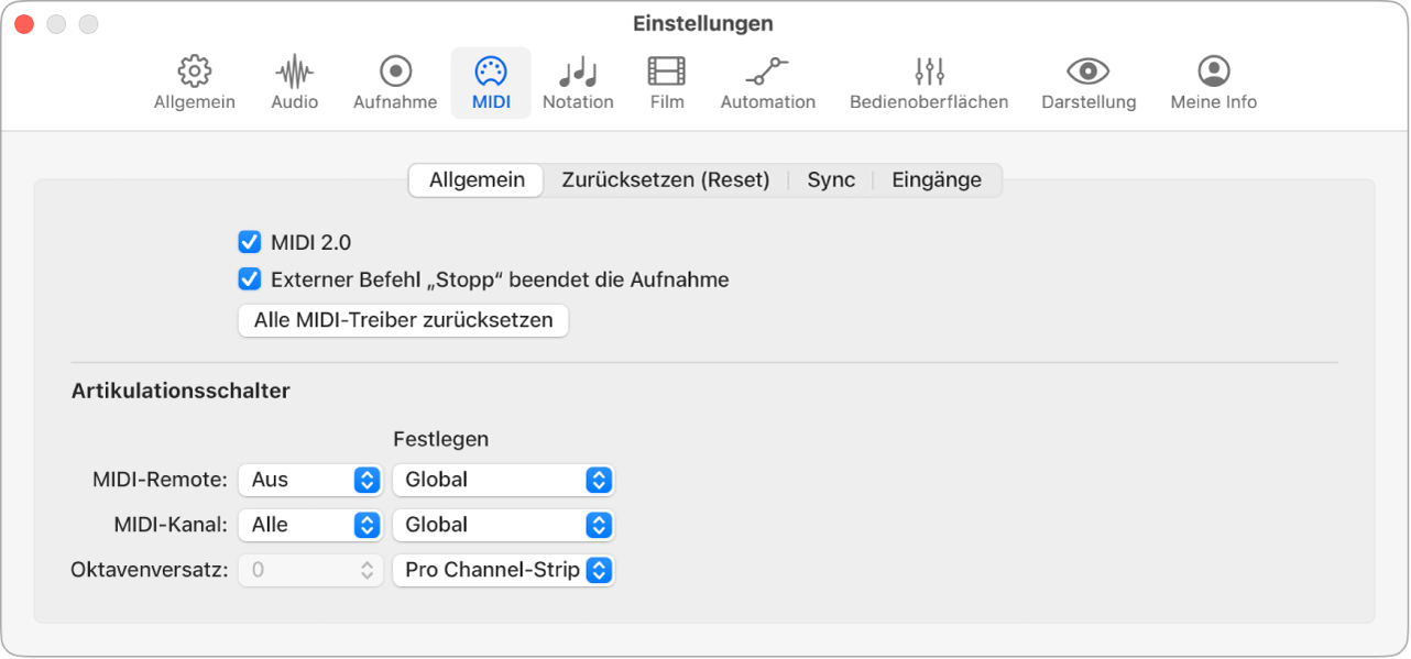 Abbildung. Allgemeine MIDI-Einstellungen