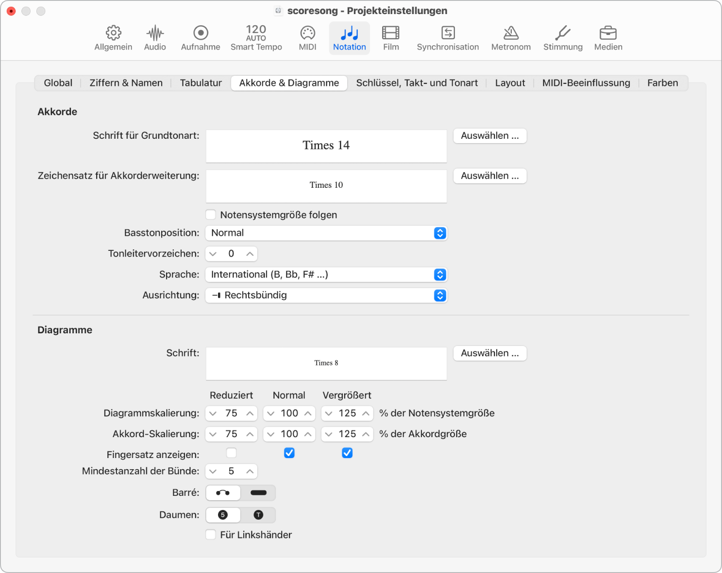 Abbildung. Bereich „Akkorde und Diagramme“ im Bereich „Notation“ der Projekteinstellungen