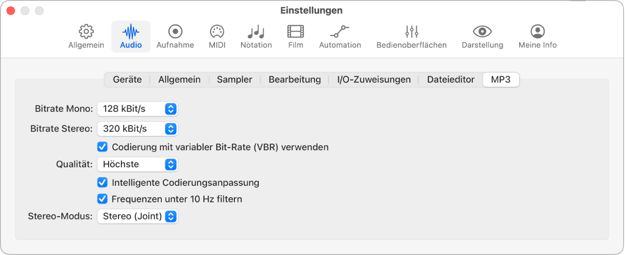 Abbildung. Einstellungsbereich „Audio“ > „MP3“.