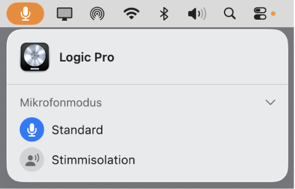 Abbildung. Der Dialog „Mikrofonmodus“ wird von der Hauptmenüleiste aus geöffnet und der Standardmikrofonmodus für Logic Pro ist ausgewählt.