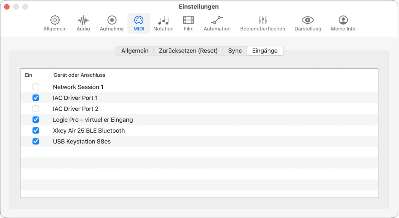 Abbildung. Einstellungsbereich „MIDI“ > „Eingänge“