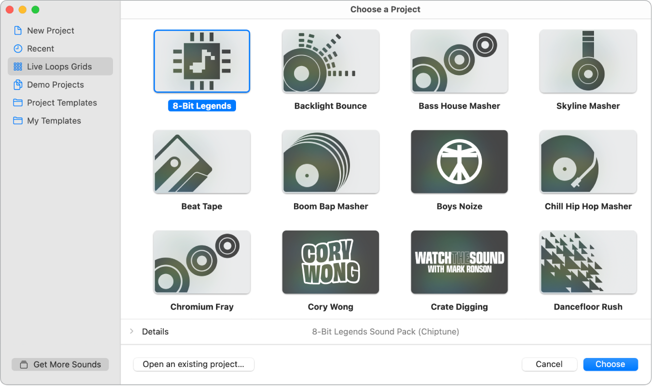 Figure. Project Chooser showing Live Loops grids.